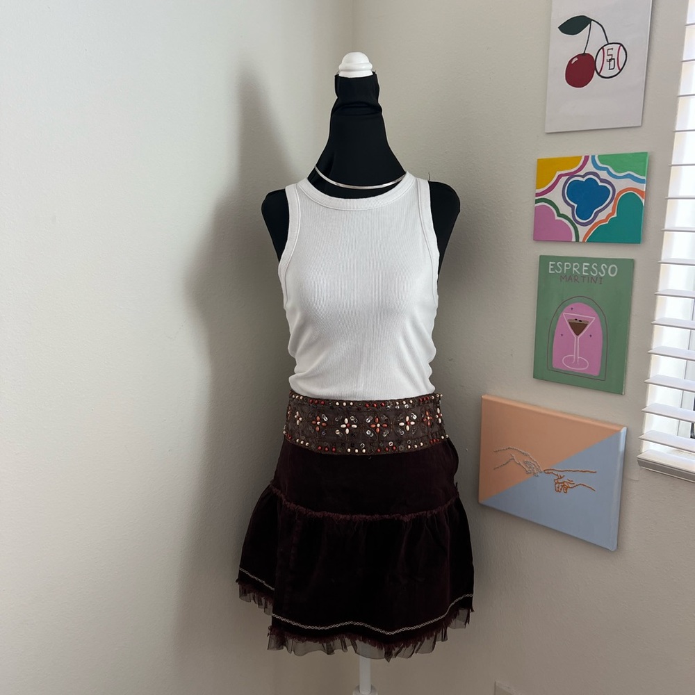 Gold Mania Brown Velvet Embellished Mini Skirt (L)
